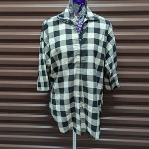 Vintage Boho Western Ardmore Size Large Black Cream Plaid Tunic Shirt Coastal